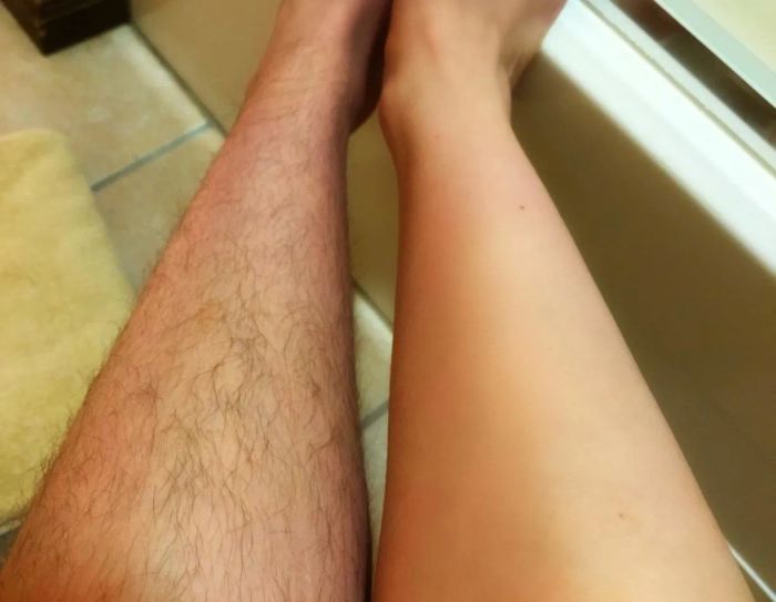 a reviewer photo comparing one hairy leg to another that's completely hair-free