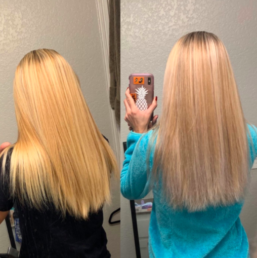 A reviewer’s before-and-after photos showing reduced yellow tones after using the shampoo