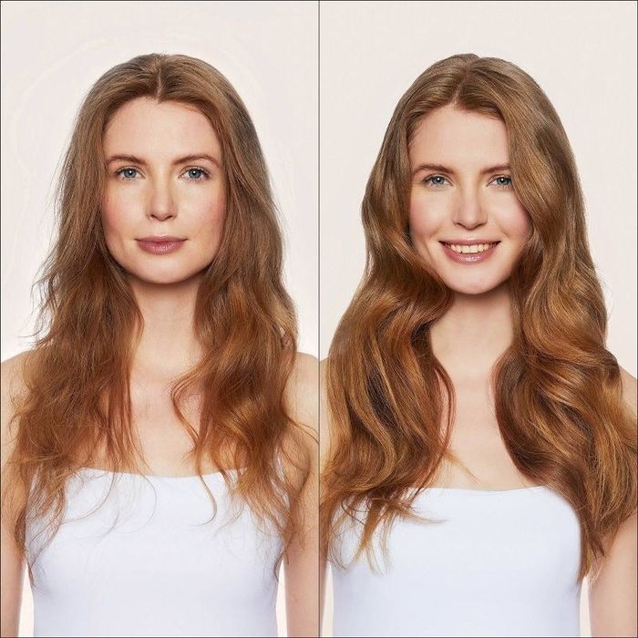 A person showing before-and-after photos of their hair.