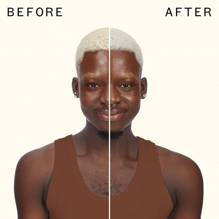 A split image: The left side shows a person without makeup, while the right side displays a polished, contoured look. Labels above read
