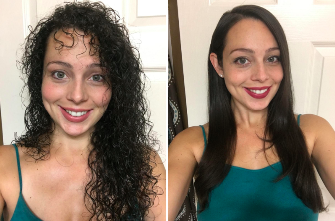 A before-and-after image of a person transforming their curly hair into sleek, straight strands