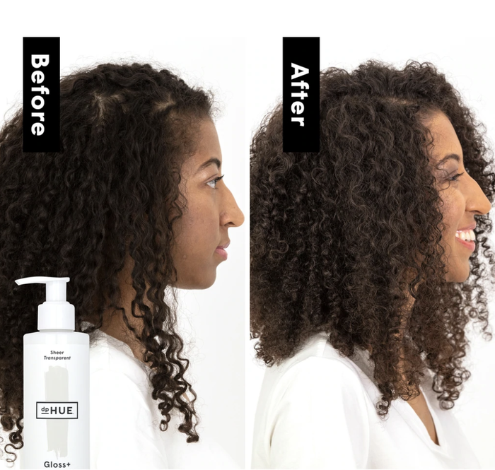 A white bottle of dp Hue transparent hair toner alongside a model's before and after photo showcasing brunette curly hair