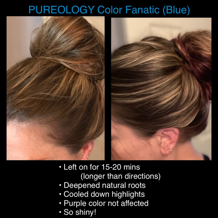 A reviewer’s infographic and before-and-after photos showcasing their transformation from dull, brassy hair to healthy, vibrant locks after using the top coat
