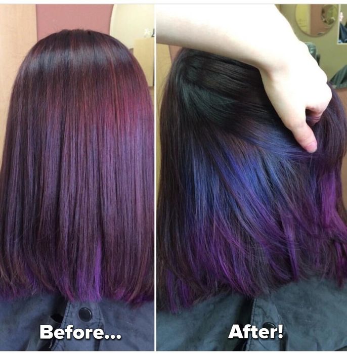 Before and after photos of the reviewer demonstrating how their dyed hair gained more shine and hydration after using the treatment