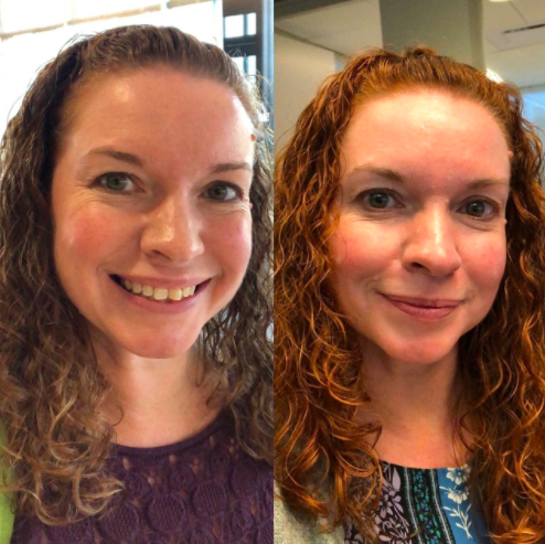 A side-by-side comparison of a reviewer's hair before and after using the powder, showcasing a natural, radiant red hue in the 'after' image