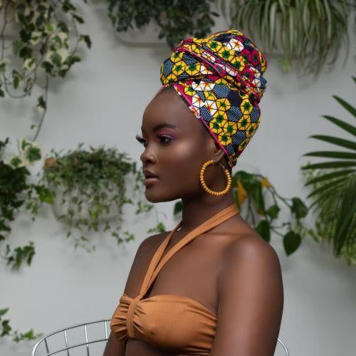 Model showcasing a stylish hair wrap