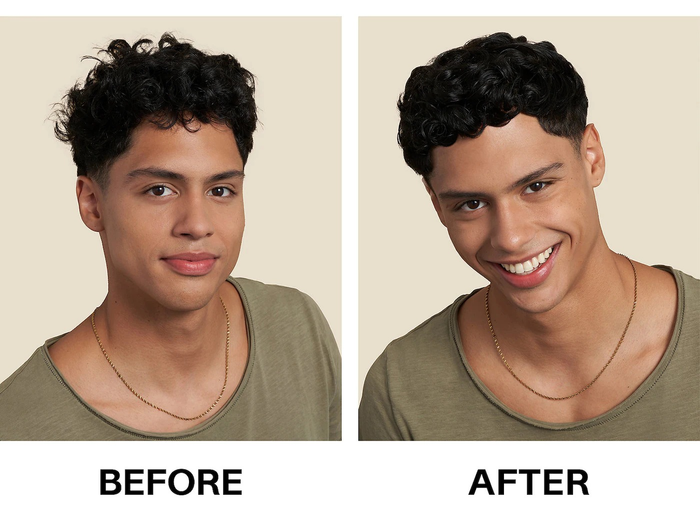 a before-and-after photo of a model showcasing how the cream defined their curls