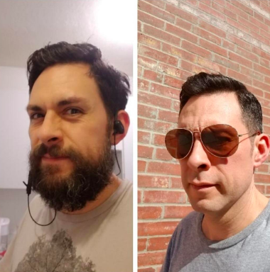 A before photo of a reviewer with a thick beard and mustache, followed by an after photo showing a clean-shaven, smooth face