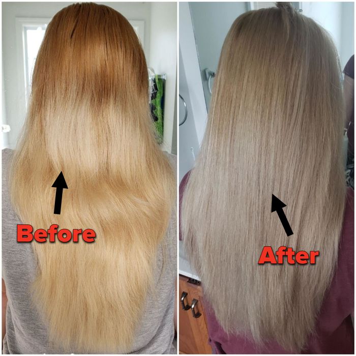 Before and after photos of a reviewer using the hair toner on blonde hair