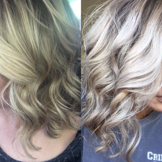 Side-by-side images showing a reviewer's hair transitioning from brassy to a vibrant platinum shade