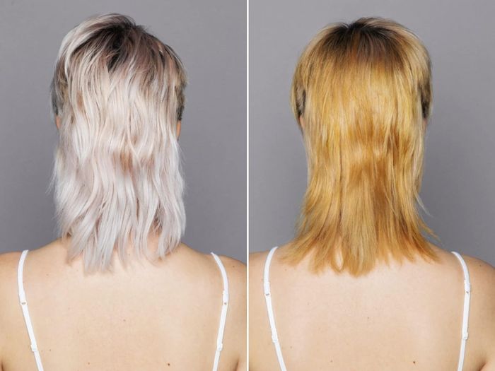 Two images of a person from behind, showing a hair transformation: on the left, shoulder-length wavy hair; on the right, a layered mullet