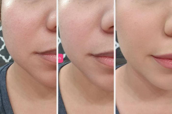 three images from left to right: reviewer with toner only, toner plus the sun milk, and a full face of makeup