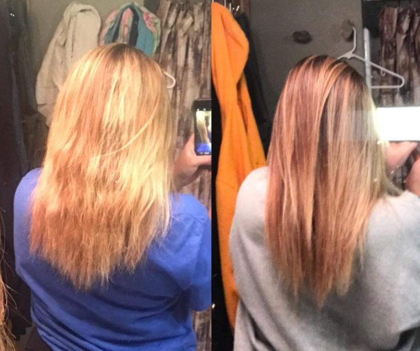 A reviewer’s before and after photos showing their hair looking significantly more conditioned and hydrated in the second image