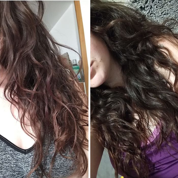 Before and after photos of the reviewer demonstrating how the mask effectively repaired their damaged hair