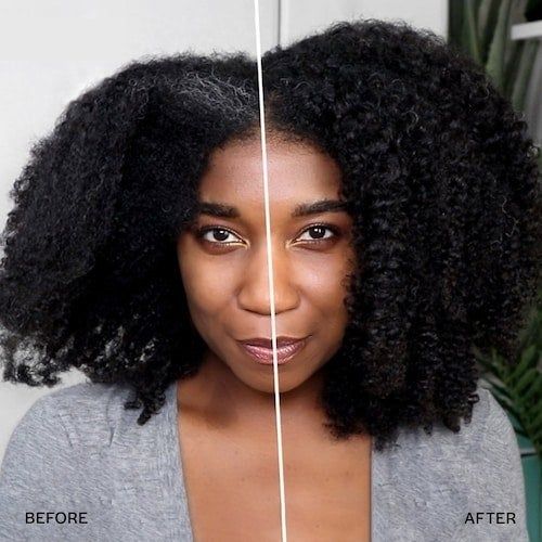 The founder's hair before using the conditioner / The founder's rejuvenated, bouncy curls after applying the conditioner