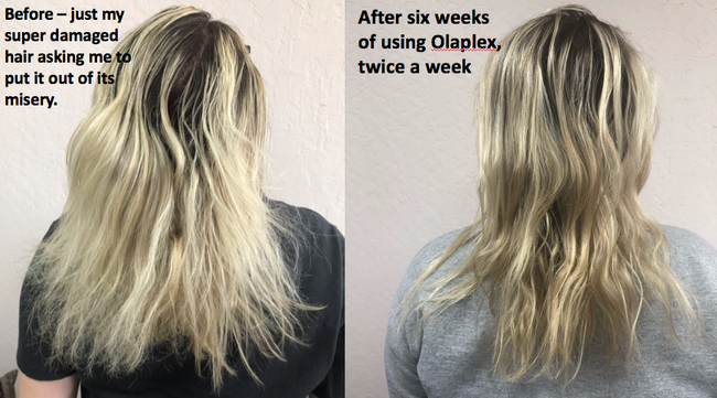 Before and after photos of a Mytour editor using the treatment, revealing smoother, shinier, and healthier-looking bleached blonde hair