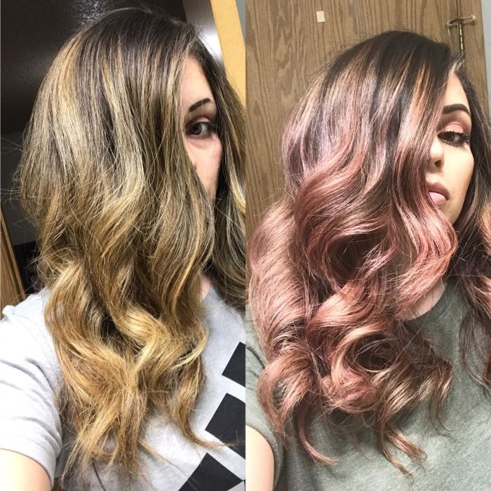 A before-and-after comparison showing the vibrant and stunning color deposit in the second image