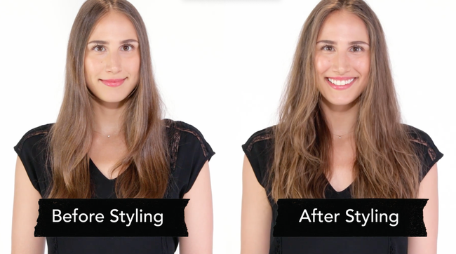 person with flat hair, followed by the same person with voluminous, textured hair after using the product