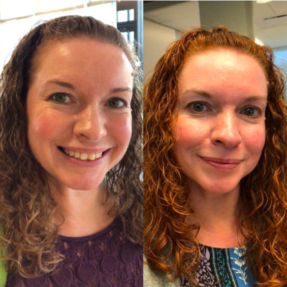 A reviewer’s before and after photos showing their hair transformed into a vibrant, natural red shade after using the product