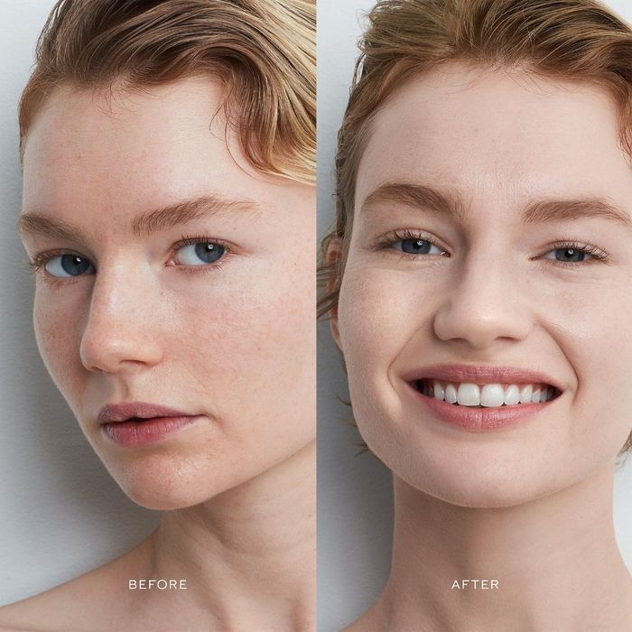 A before-and-after image of a model using the porcelain shade with neutral undertones
