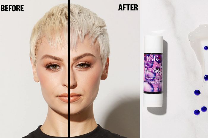 Before and after photos of a model using the hair toning drops, displayed next to a white and purple floral bottle and dark purple drops