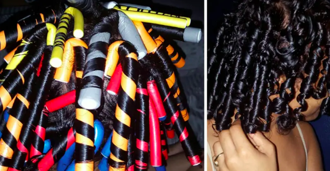 A before-and-after comparison: one image showing the rods in the hair and the other revealing tight, well-defined curls after removing the rods