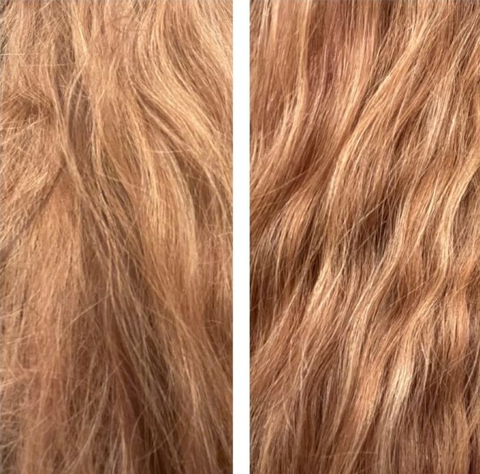 a before-and-after shot of the reviewer's hair after using the K18 treatment