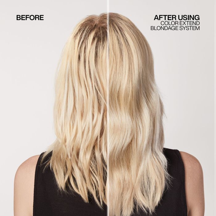 Before and after photos of a model’s blonde hair after using the purple shampoo