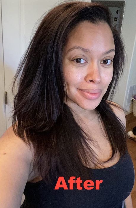 After photo of the same reviewer showcasing sleek, straight hair achieved with the hot air brush