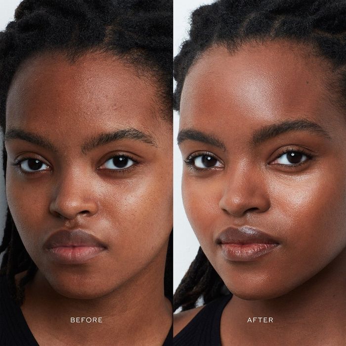 Close-up before-and-after images of a model’s face using the deep terracotta shade with warm undertones