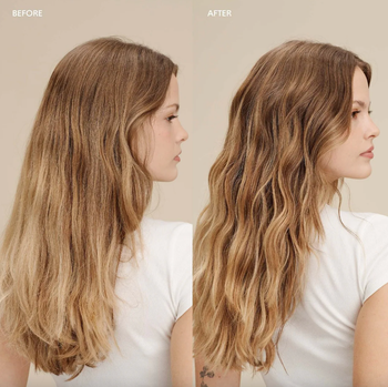 a before-and-after photo of a model with limp waves transforming into defined, voluminous waves