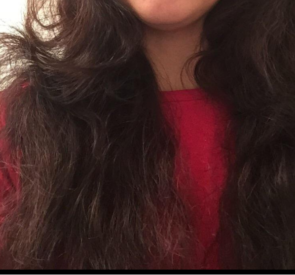 A 'before' image of a reviewer showcasing their frizzy hair