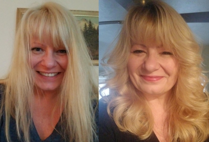 A reviewer’s before and after photos showing their hair before curling and the beautiful results post-styling