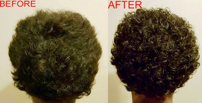 A before and after photo showcasing more defined and polished curls after using the product