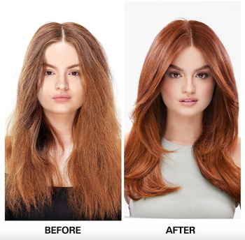 a before-and-after photo of a model with frizzy hair transforming into smooth, shiny hair