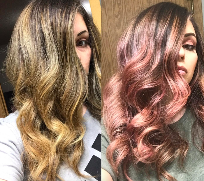 A reviewer’s before photo with light brown hair and an after photo with vibrant pink hair