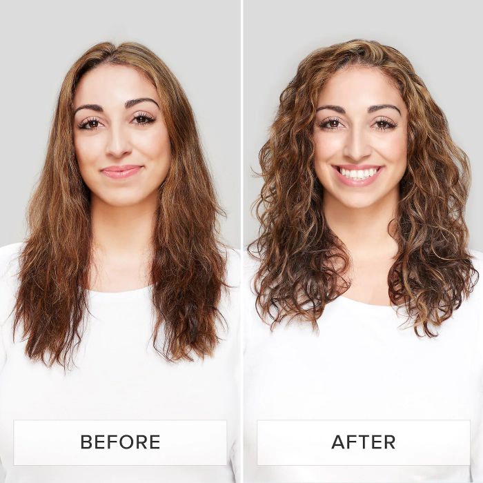 a before-and-after photo of a model with flat waves transforming into defined, voluminous waves