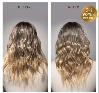 a before-and-after photo of a model with frizzy waves transforming into smooth, defined waves