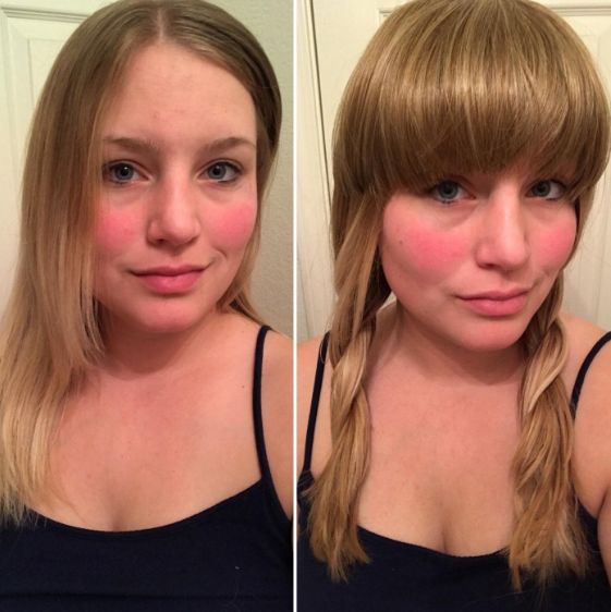 A reviewer’s before and after photos demonstrating the clip-on bangs, which blend naturally and match their hair color perfectly