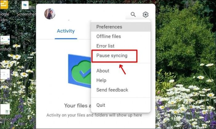 Tiếp theo, bạn chỉ cần chọn Pause Syncing