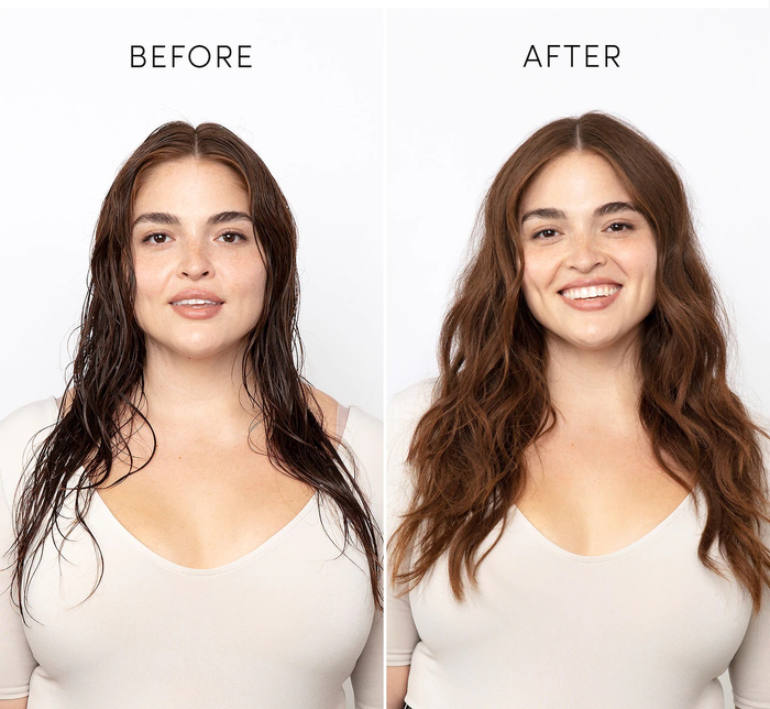 a before-and-after photo of a model with wet hair transforming into dry, wavy locks