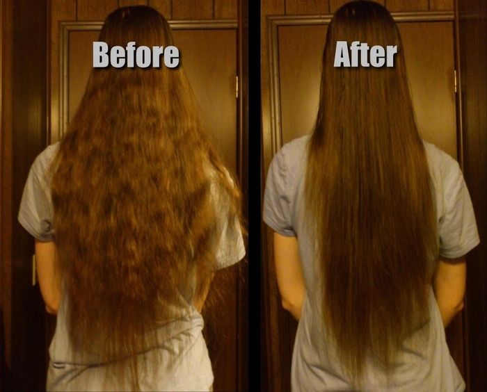Reviewer's before and after images demonstrating how the mask tamed and minimized frizz in their waist-length hair