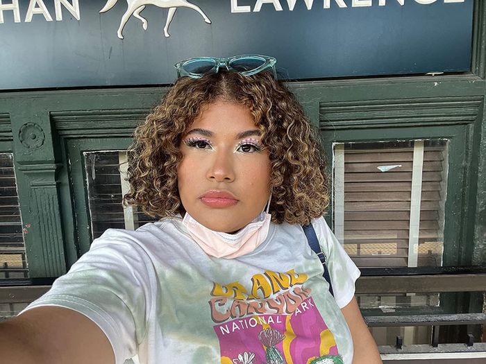 Reviewer's curly hair after using the Briogeo deep conditioning mask.