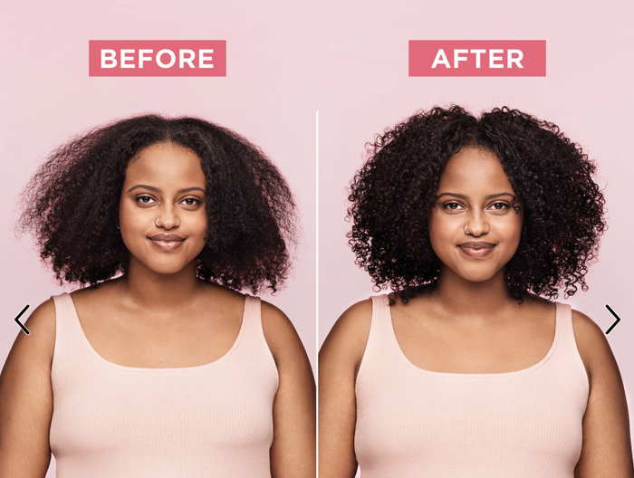 before and after photos of a model with coiled, frizzy hair transitioning to well-defined curls post-use