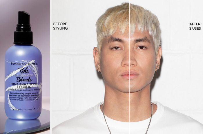 A purple and black toning spray bottle placed on a mirror, alongside before and after photos of a model’s blonde hair post-use