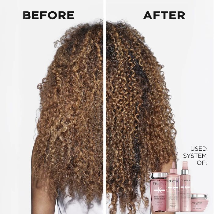Before and after images of a model’s hair, transitioning from dull and dry to glossy, defined curls after using Kérastase products