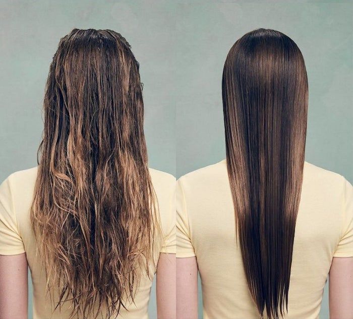 A set of two images showing the transformation of a person's hair, before and after.