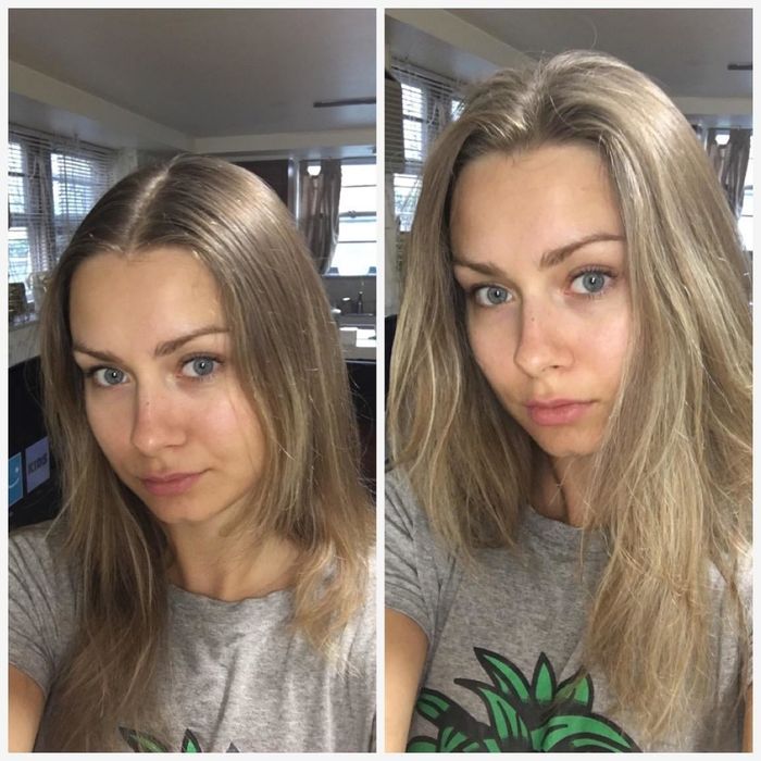 Another reviewer's before and after images showing the dry shampoo's ability to remove greasiness and boost volume