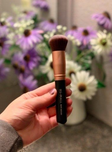 A person holding a face brush, ready for application