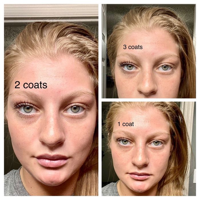 a reviewer’s side-by-side comparison of one, two, and three coats of the mascara on a single eye